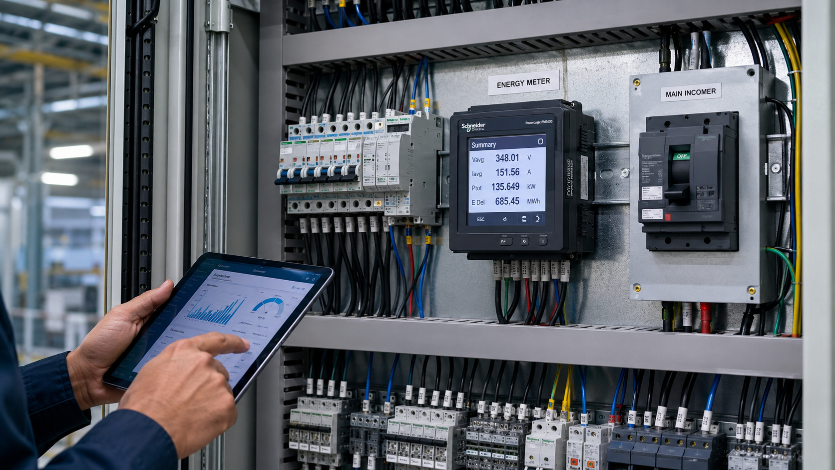 Licznik energii i rozdzielnia elektryczna z tabletem pokazującym pomiary zużycia