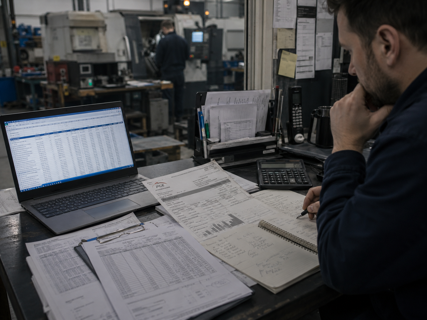 Stanowisko z Excelem, dokumentami kosztowymi i ręcznymi notatkami produkcyjnymi