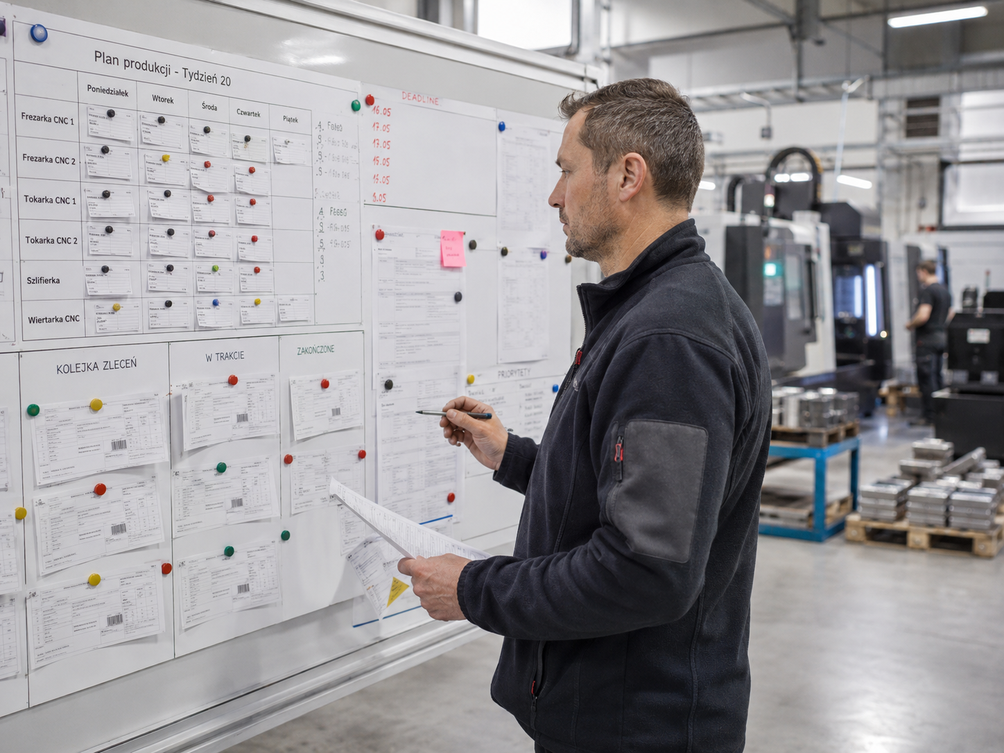 Plan produkcji i kolejka zleceń na tablicy w małym zakładzie produkcyjnym